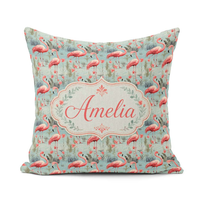 Custom Name Elegant Flamingo Birds with Floral Wetland Seamless Square Filled Cushion Throw Pillow Sofa Bed Home Decor Zip Washable UK Made