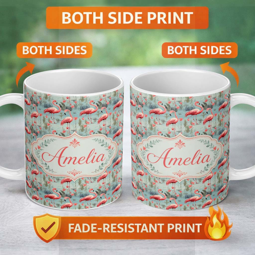 Personalized Custom Name Elegant Flamingo Birds with Floral Wetland Background Seamless 11oz Ceramic Coffee Tea Mug White Large Handle
