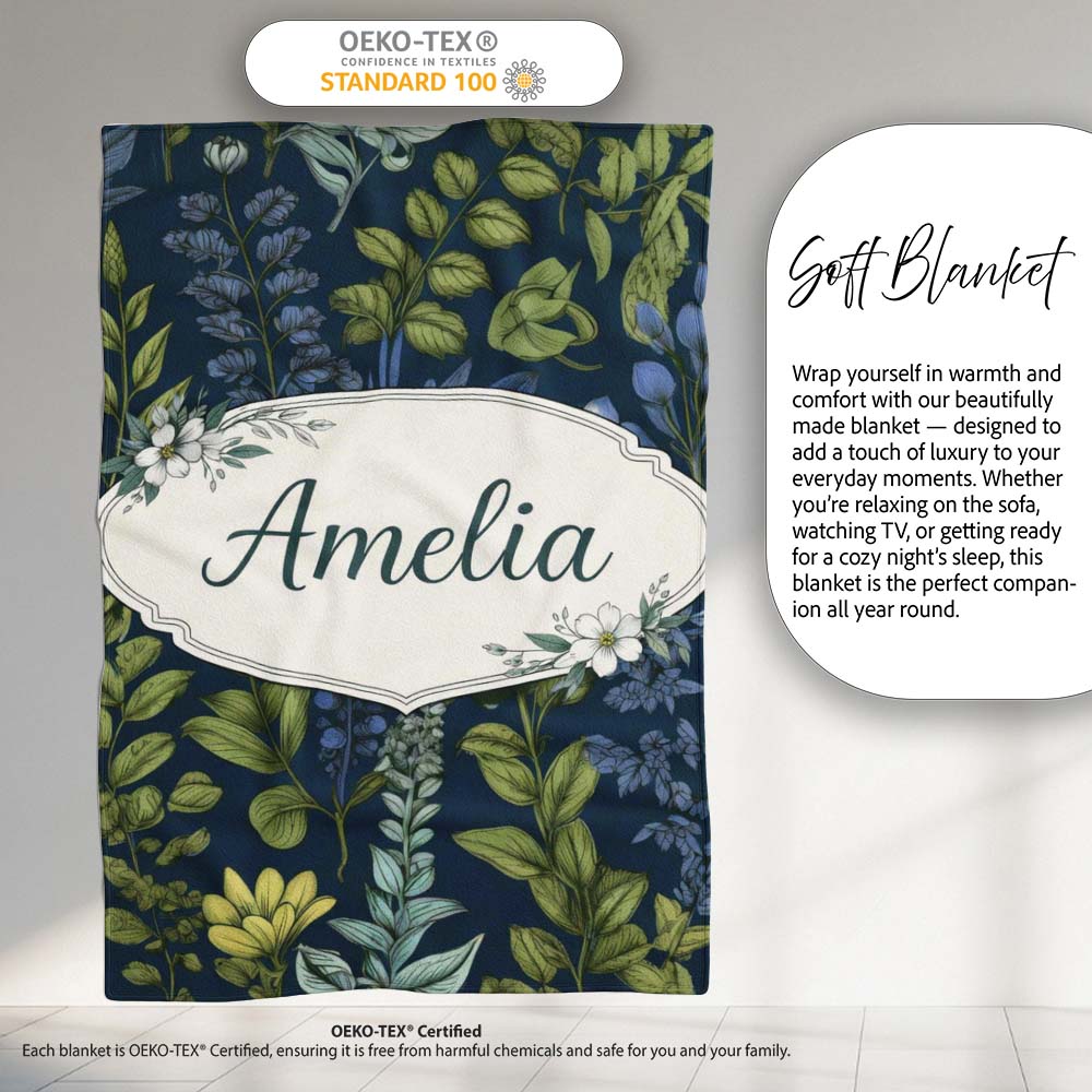Elegant Botanical Leaves Blue Green Floral Seamless Pattern Lovely  Personalised Custom Name Super Soft Fleece Blanket Bed Sofa Throw