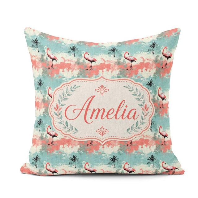 Custom Name Artistic Flamingo Silhouettes with Abstract Tropical Square Filled Cushion Throw Pillow Sofa Bed Home Decor Zip Washable UK Made