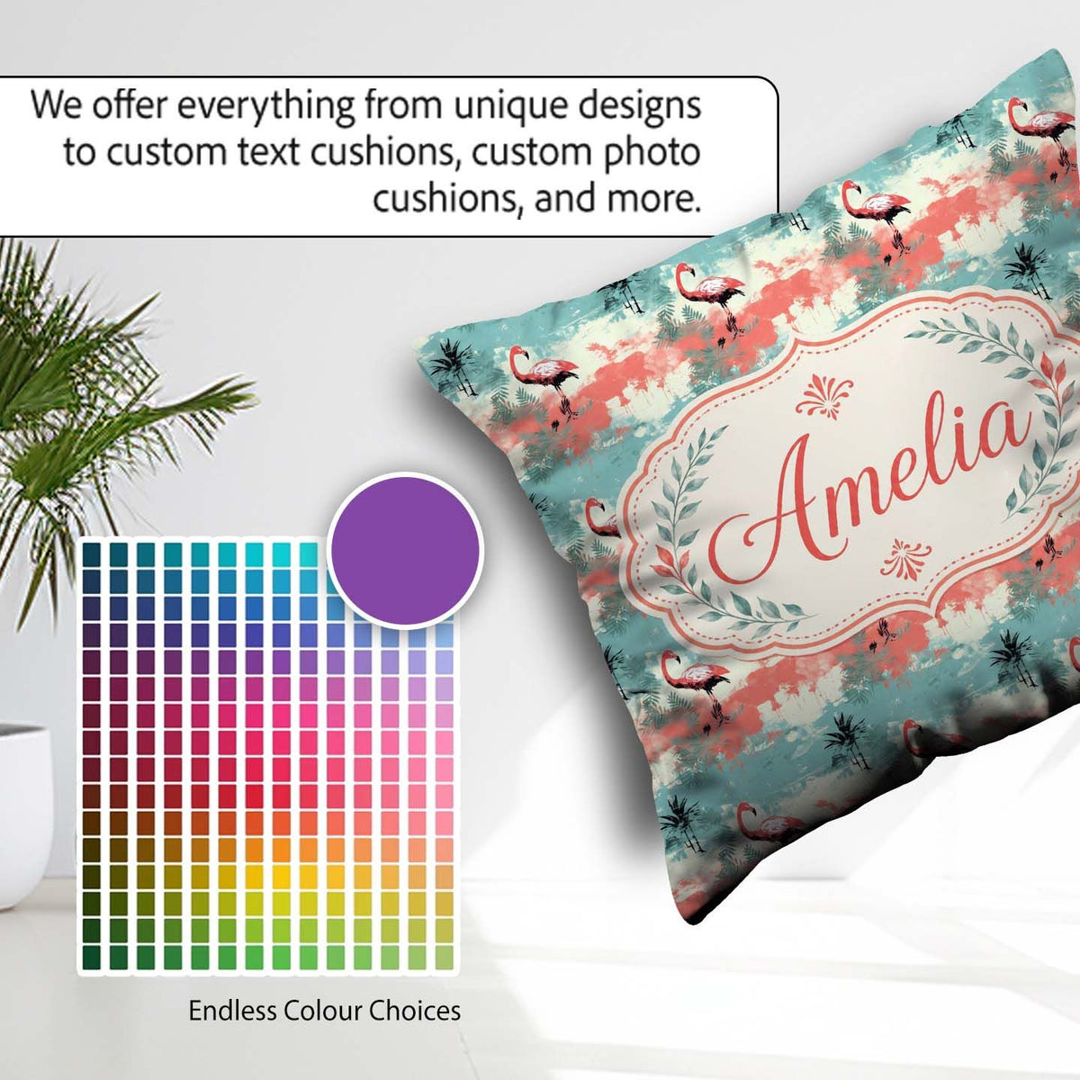 Custom Name Artistic Flamingo Silhouettes with Abstract Tropical Square Filled Cushion Throw Pillow Sofa Bed Home Decor Zip Washable UK Made