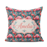 Custom Name Vivid Pink Flamingo Flock in Deep Teal Water Pattern Square Filled Cushion Throw Pillow Sofa Bed Home Decor Zip Washable UK Made