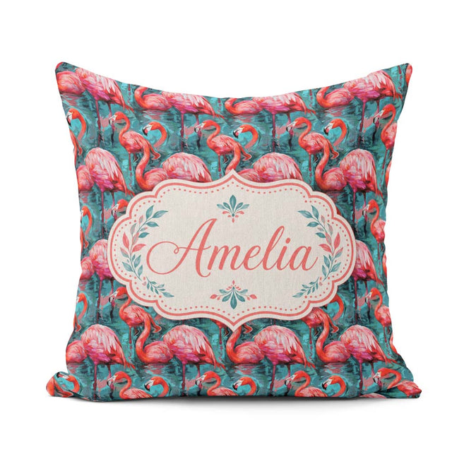 Custom Name Vivid Pink Flamingo Flock in Deep Teal Water Pattern Square Filled Cushion Throw Pillow Sofa Bed Home Decor Zip Washable UK Made