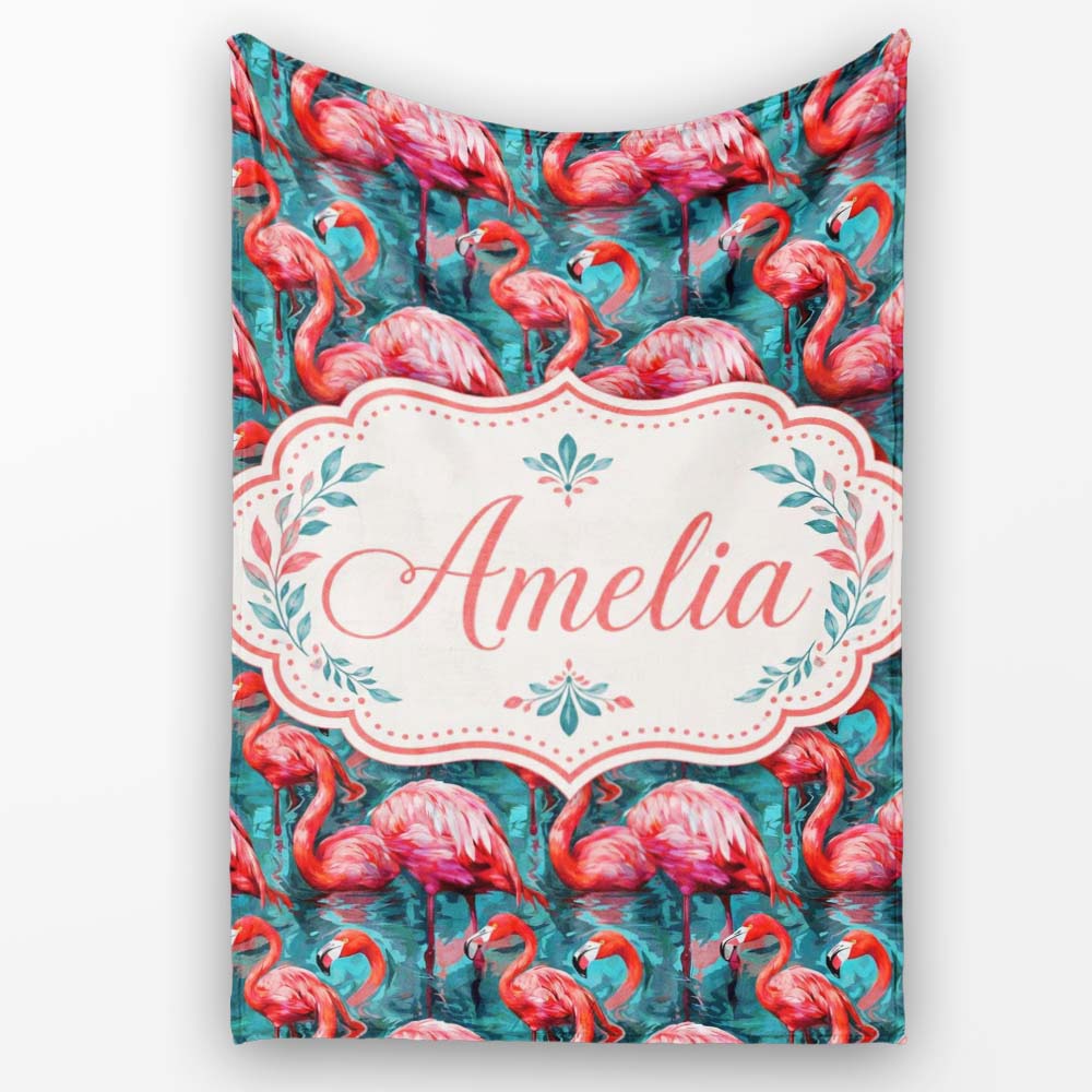Vivid Pink Flamingo Flock in Deep Teal Water Seamless Pattern Name  Personalised Custom Name Super Soft Fleece Blanket Bed Sofa Throw
