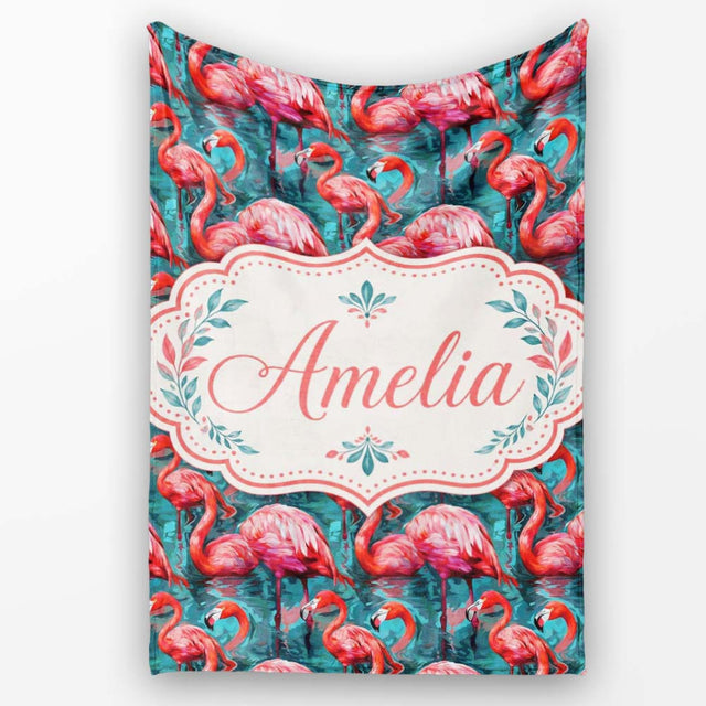 Vivid Pink Flamingo Flock in Deep Teal Water Seamless Pattern Name  Personalised Custom Name Super Soft Fleece Blanket Bed Sofa Throw