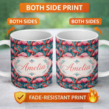 Personalized Custom Name Vivid Pink Flamingo Flock in Deep Teal Water Seamless Pattern Name 11oz Ceramic Coffee Tea Mug White Large Handle