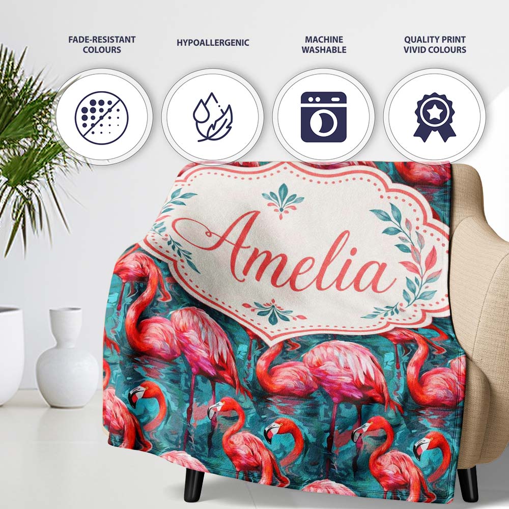 Vivid Pink Flamingo Flock in Deep Teal Water Seamless Pattern Name  Personalised Custom Name Super Soft Fleece Blanket Bed Sofa Throw