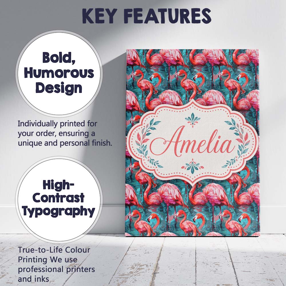 Personalised Name Vivid Pink Flamingo Flock Custom  Bespoke Interior Contemporary Canvas Wall Art Print Decor Picture Ready to Hang