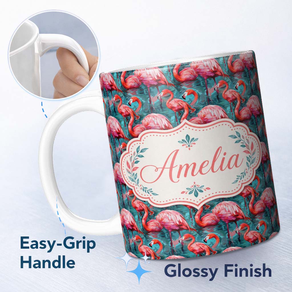 Personalized Custom Name Vivid Pink Flamingo Flock in Deep Teal Water Seamless Pattern Name 11oz Ceramic Coffee Tea Mug White Large Handle