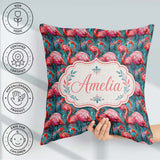 Custom Name Vivid Pink Flamingo Flock in Deep Teal Water Pattern Square Filled Cushion Throw Pillow Sofa Bed Home Decor Zip Washable UK Made