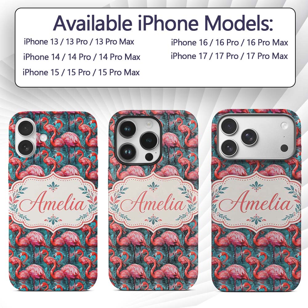 Vivid Pink Flamingo Flock in Deep Teal Water Custom Name Protective Phone Case Mobile Cover Durable Everyday Smartphone Shock Resistant