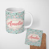 Personalized Custom Name Minimal Flamingo Birds with Soft Pastel Nature Scene Seamless 11oz Ceramic Coffee Tea Mug White Large Handle