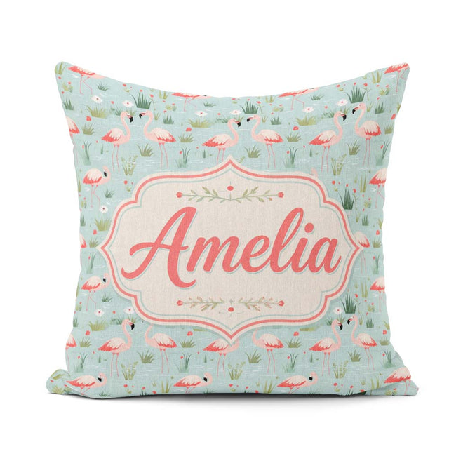 Custom Name Minimal Flamingo Birds with Soft Pastel Nature Scene Square Filled Cushion Throw Pillow Sofa Bed Home Decor Zip Washable UK Made