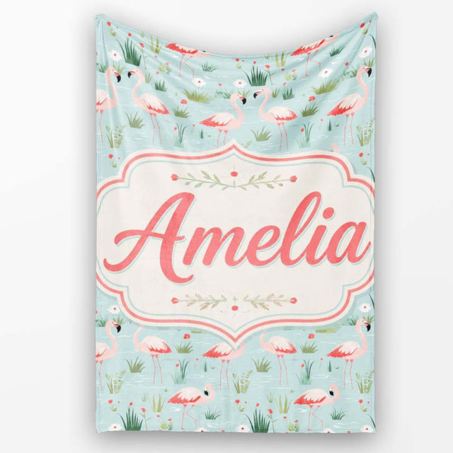 Minimal Flamingo Birds with Soft Pastel Nature Scene Seamless  Personalised Custom Name Super Soft Fleece Blanket Bed Sofa Throw