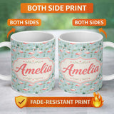 Personalized Custom Name Minimal Flamingo Birds with Soft Pastel Nature Scene Seamless 11oz Ceramic Coffee Tea Mug White Large Handle