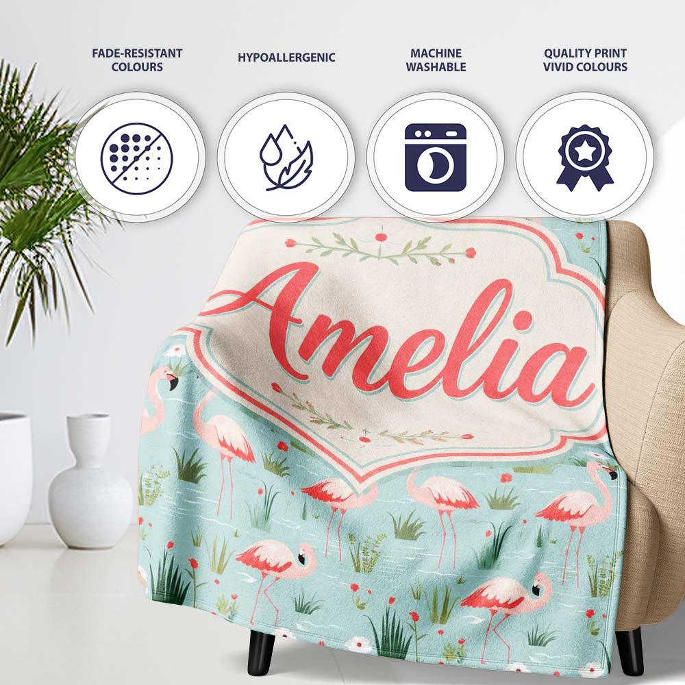 Minimal Flamingo Birds with Soft Pastel Nature Scene Seamless  Personalised Custom Name Super Soft Fleece Blanket Bed Sofa Throw