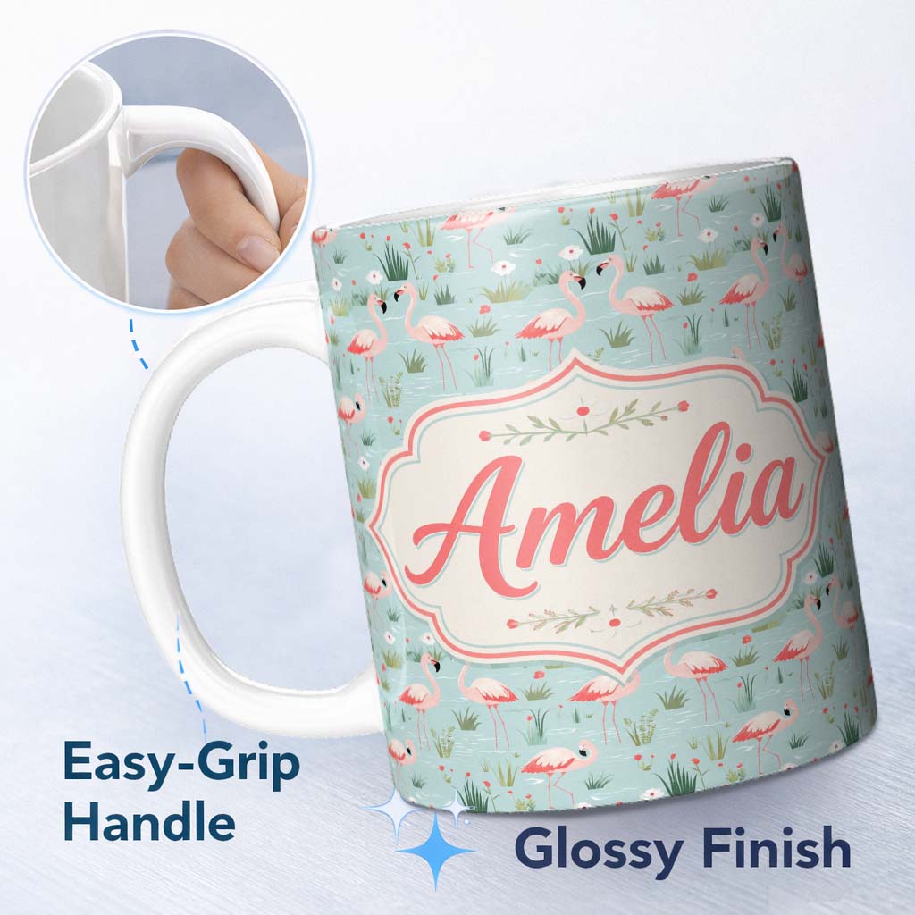 Personalized Custom Name Minimal Flamingo Birds with Soft Pastel Nature Scene Seamless 11oz Ceramic Coffee Tea Mug White Large Handle