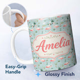 Personalized Custom Name Minimal Flamingo Birds with Soft Pastel Nature Scene Seamless 11oz Ceramic Coffee Tea Mug White Large Handle