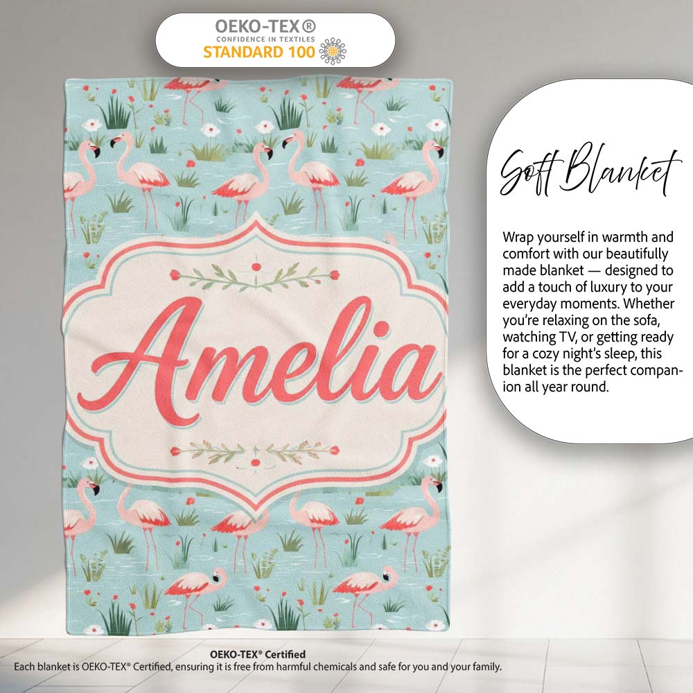 Minimal Flamingo Birds with Soft Pastel Nature Scene Seamless  Personalised Custom Name Super Soft Fleece Blanket Bed Sofa Throw