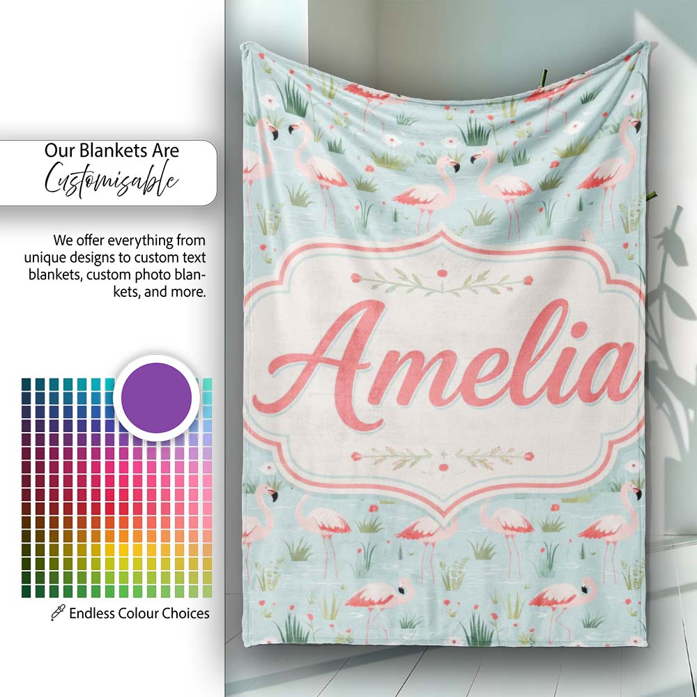 Minimal Flamingo Birds with Soft Pastel Nature Scene Seamless  Personalised Custom Name Super Soft Fleece Blanket Bed Sofa Throw