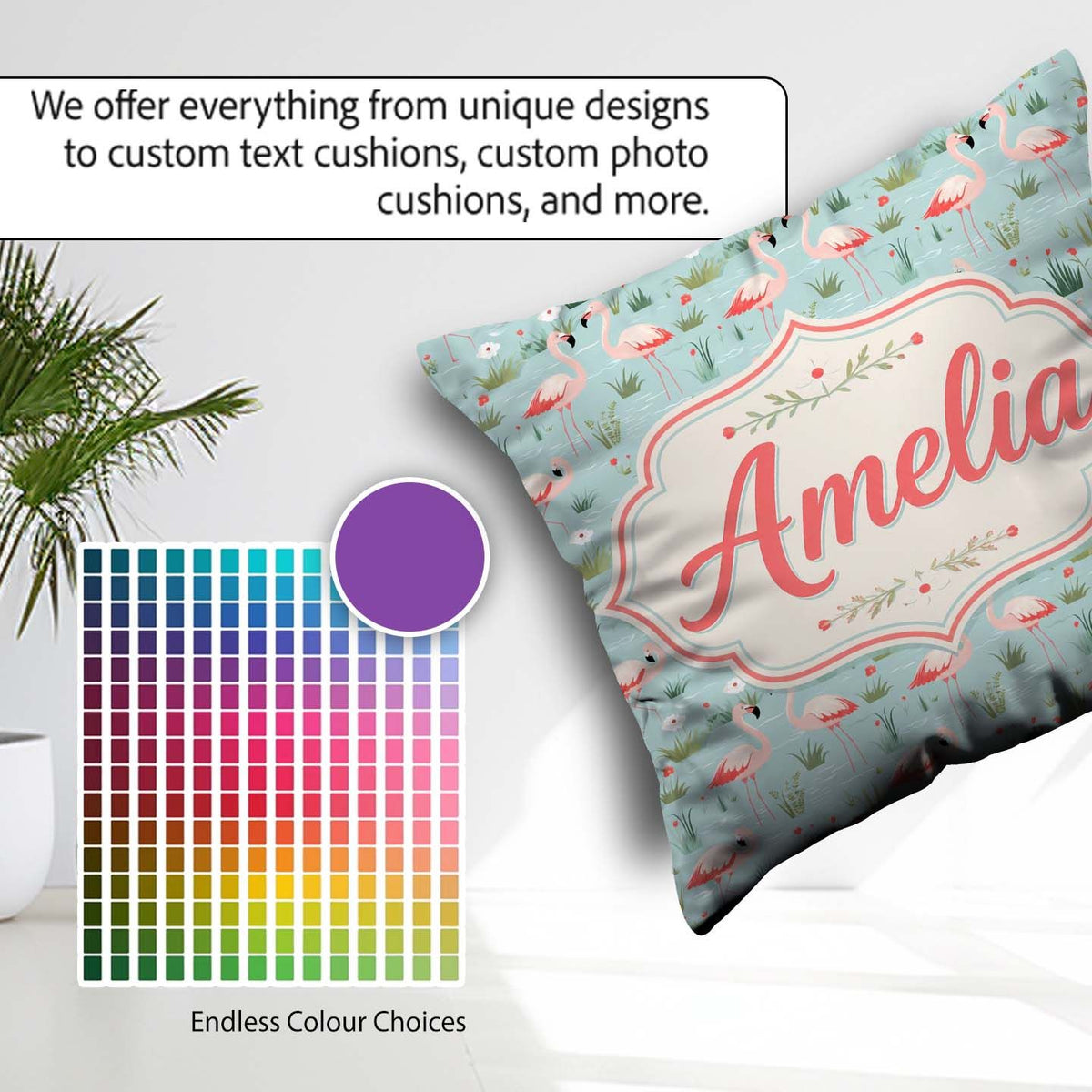 Custom Name Minimal Flamingo Birds with Soft Pastel Nature Scene Square Filled Cushion Throw Pillow Sofa Bed Home Decor Zip Washable UK Made