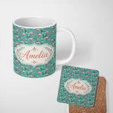 Personalized Custom Name Playful Flamingo Birds with Floral Garden Background Seamless 11oz Ceramic Coffee Tea Mug White Large Handle