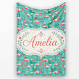 Playful Flamingo Birds with Floral Garden Background Seamless  Personalised Custom Name Super Soft Fleece Blanket Bed Sofa Throw