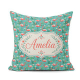 Custom Name Playful Flamingo Birds with Floral Garden Background Square Filled Cushion Throw Pillow Sofa Bed Home Decor Zip Washable UK Made