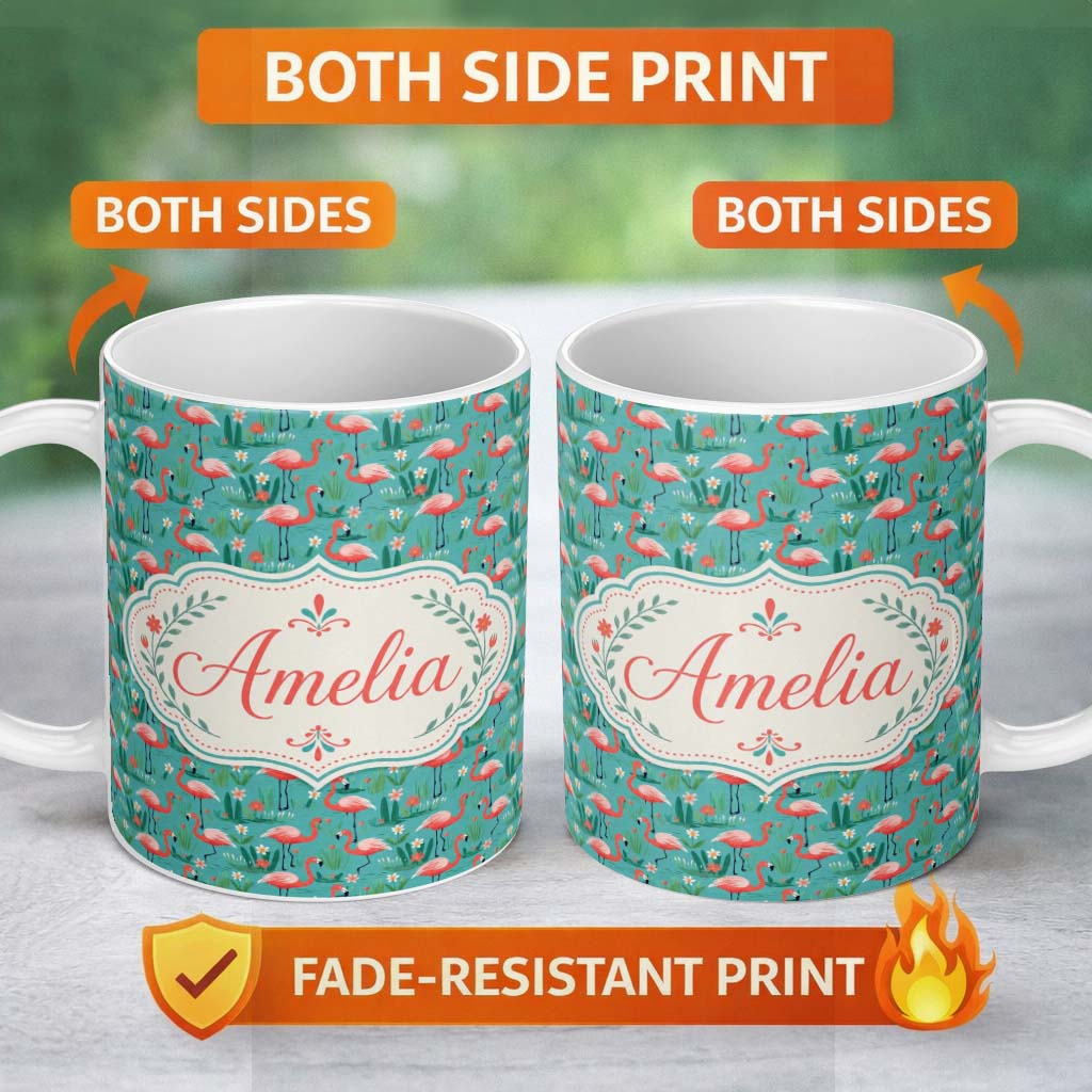 Personalized Custom Name Playful Flamingo Birds with Floral Garden Background Seamless 11oz Ceramic Coffee Tea Mug White Large Handle
