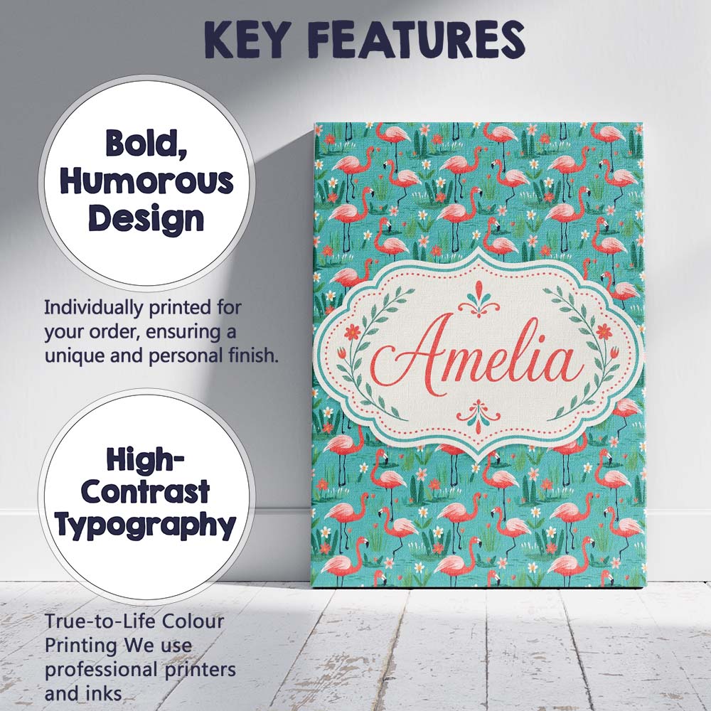 Personalised Name Playful Flamingo Birds Custom  Unique Gift Idea Elegant Feature Canvas Wall Art Print Decor Picture Ready to Hang