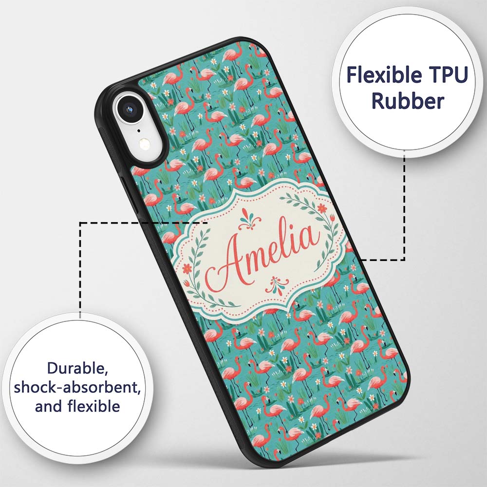 Playful Flamingo Birds with Floral Printed Design Custom Name Protective Phone Case Mobile Cover Durable Everyday Smartphone Shock Resistant