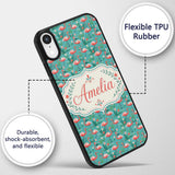 Playful Flamingo Birds with Floral Printed Design Custom Name Protective Phone Case Mobile Cover Durable Everyday Smartphone Shock Resistant