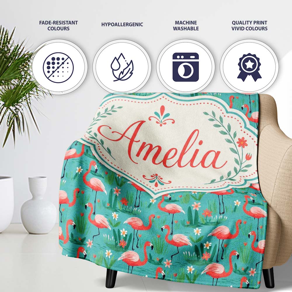 Playful Flamingo Birds with Floral Garden Background Seamless  Personalised Custom Name Super Soft Fleece Blanket Bed Sofa Throw