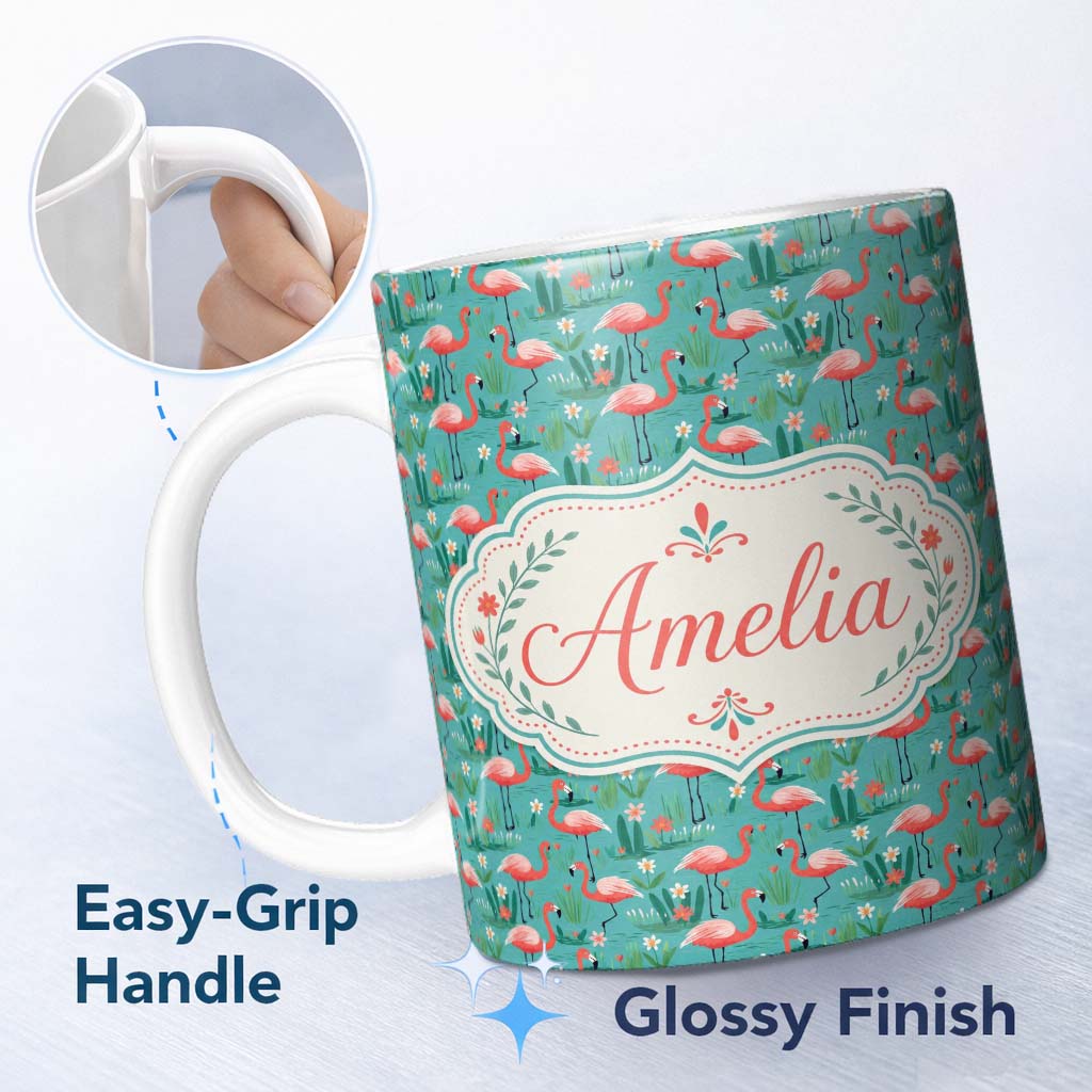 Personalized Custom Name Playful Flamingo Birds with Floral Garden Background Seamless 11oz Ceramic Coffee Tea Mug White Large Handle