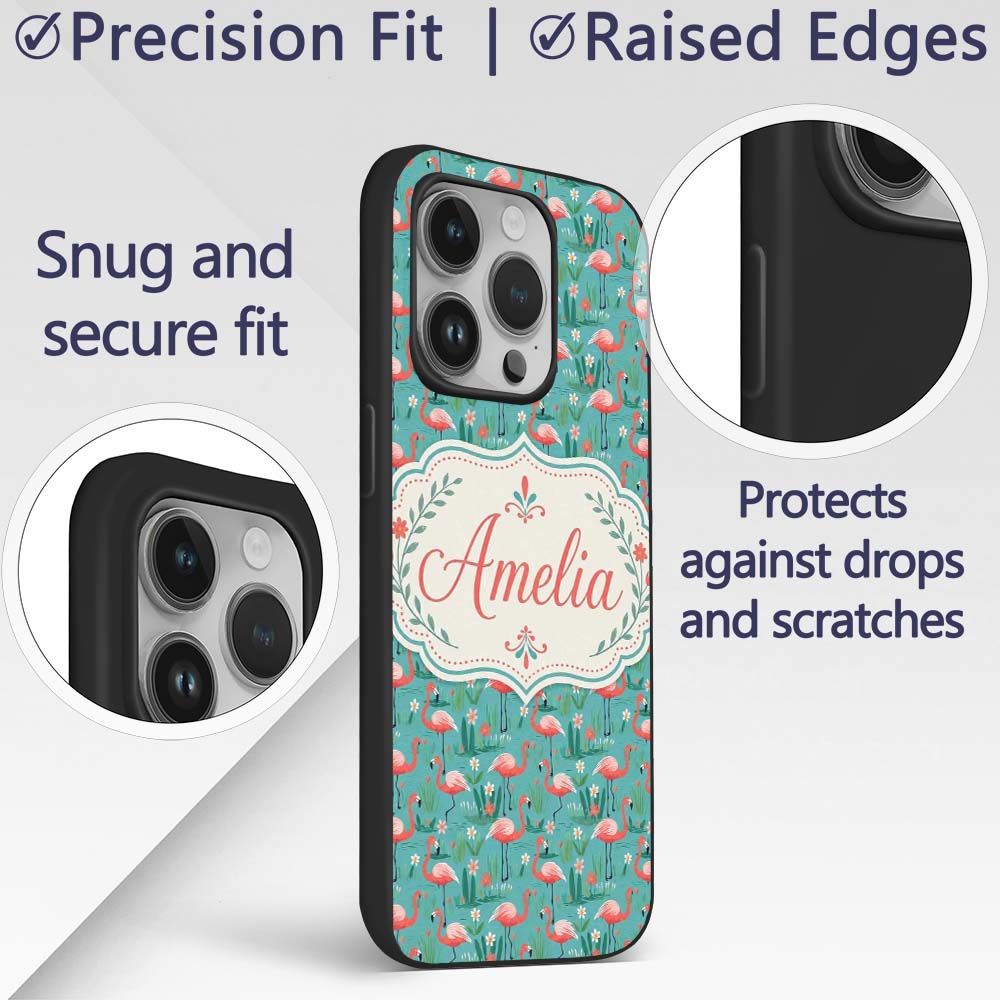 Playful Flamingo Birds with Floral Printed Design Custom Name Protective Phone Case Mobile Cover Durable Everyday Smartphone Shock Resistant