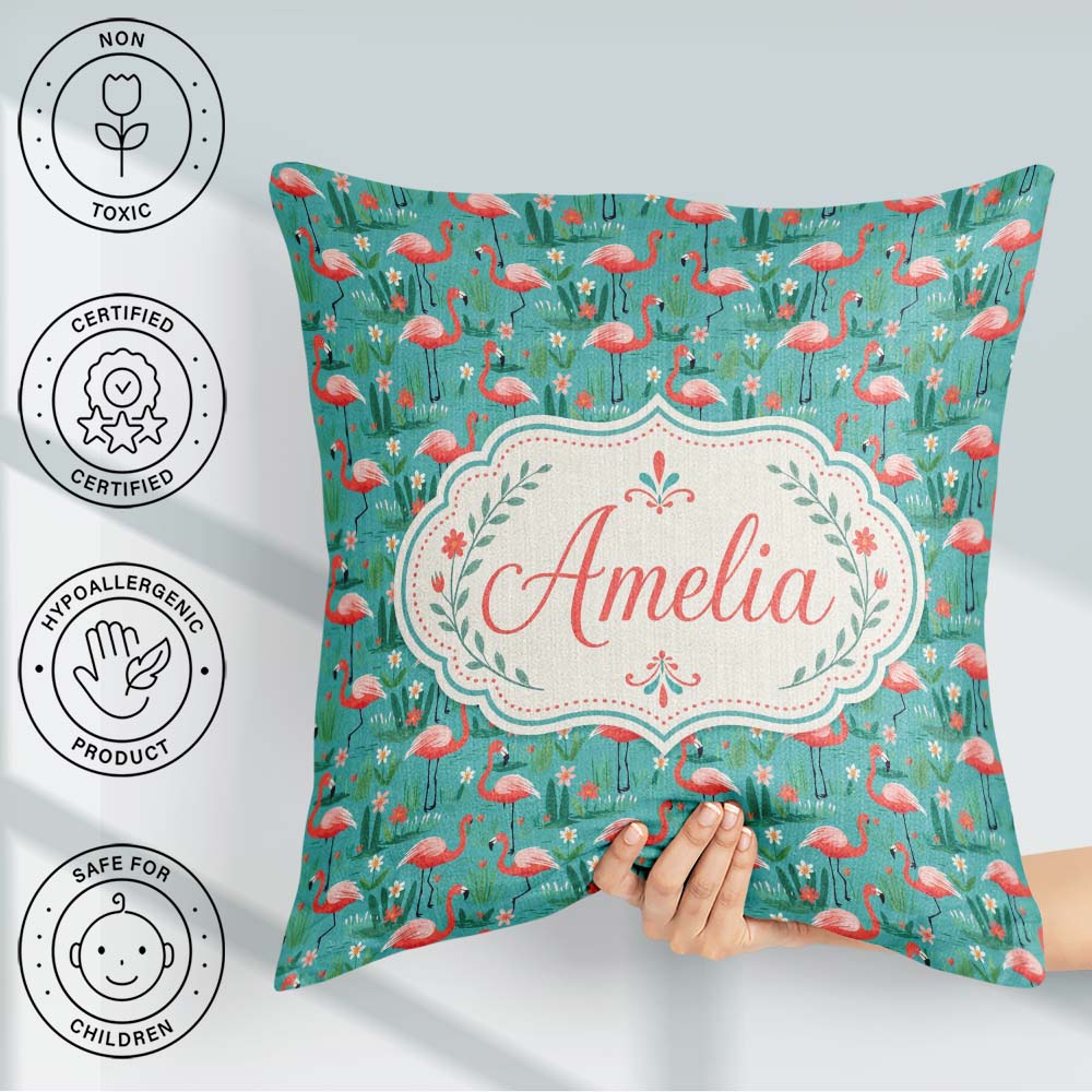 Custom Name Playful Flamingo Birds with Floral Garden Background Square Filled Cushion Throw Pillow Sofa Bed Home Decor Zip Washable UK Made