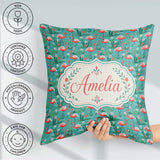 Custom Name Playful Flamingo Birds with Floral Garden Background Square Filled Cushion Throw Pillow Sofa Bed Home Decor Zip Washable UK Made