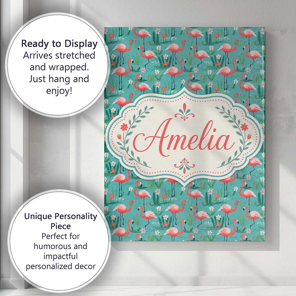 Personalised Name Playful Flamingo Birds Custom  Unique Gift Idea Elegant Feature Canvas Wall Art Print Decor Picture Ready to Hang