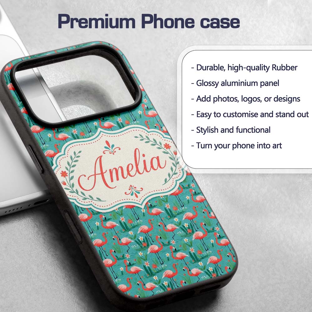Playful Flamingo Birds with Floral Printed Design Custom Name Protective Phone Case Mobile Cover Durable Everyday Smartphone Shock Resistant
