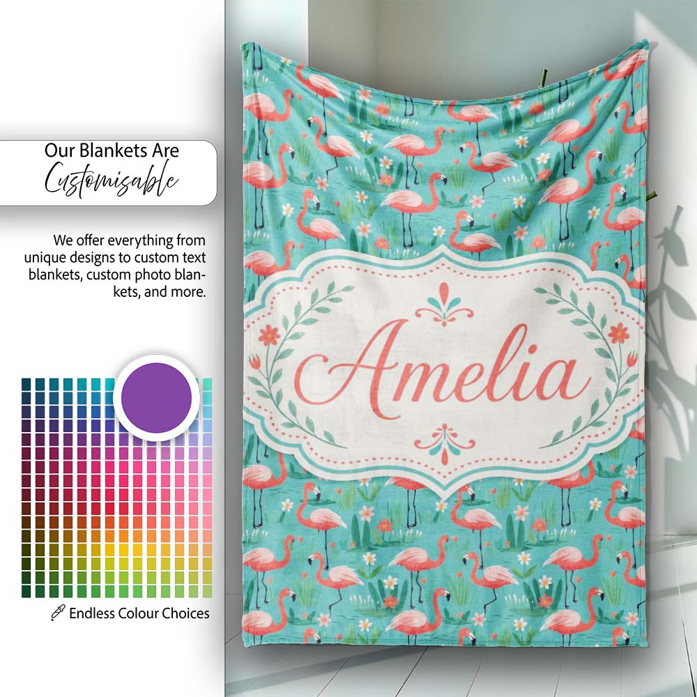 Playful Flamingo Birds with Floral Garden Background Seamless  Personalised Custom Name Super Soft Fleece Blanket Bed Sofa Throw