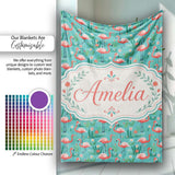 Playful Flamingo Birds with Floral Garden Background Seamless  Personalised Custom Name Super Soft Fleece Blanket Bed Sofa Throw