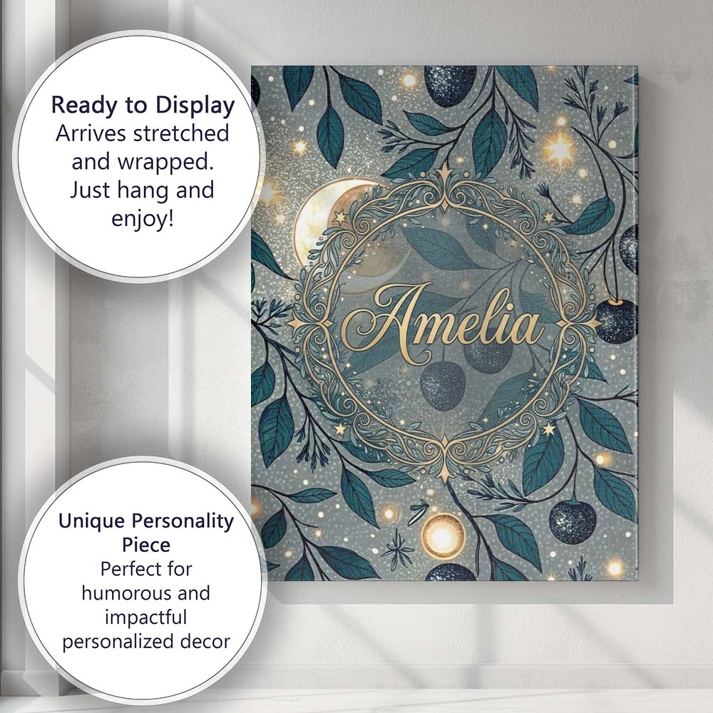 Personalised Name Celestial Leaves Moon Stars Night Sky Seamless Custom  Interior Canvas Wall Art Print Decor Picture Ready to Hang