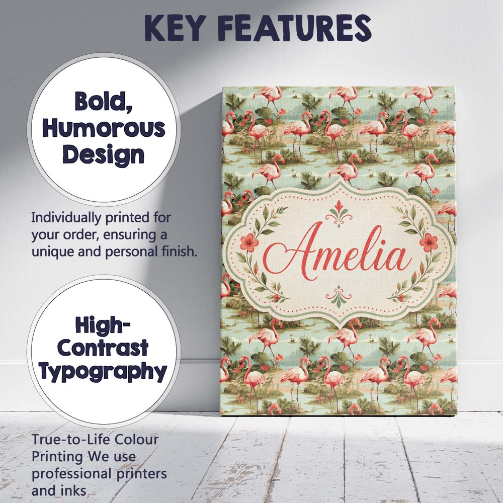 Personalised Name Tropical Flamingo Birds Custom  Unique Gift Idea Elegant Feature Canvas Wall Art Print Decor Picture Ready to Hang