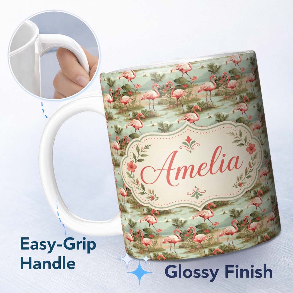 Personalized Custom Name Tropical Flamingo Birds with Exotic Plants Scene Seamless Pattern 11oz Ceramic Coffee Tea Mug White Large Handle