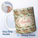 Personalized Custom Name Tropical Flamingo Birds with Exotic Plants Scene Seamless Pattern 11oz Ceramic Coffee Tea Mug White Large Handle