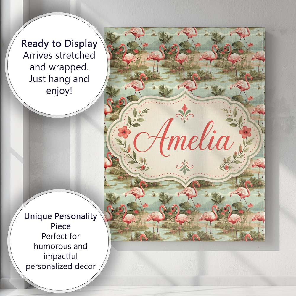 Personalised Name Tropical Flamingo Birds Custom  Unique Gift Idea Elegant Feature Canvas Wall Art Print Decor Picture Ready to Hang