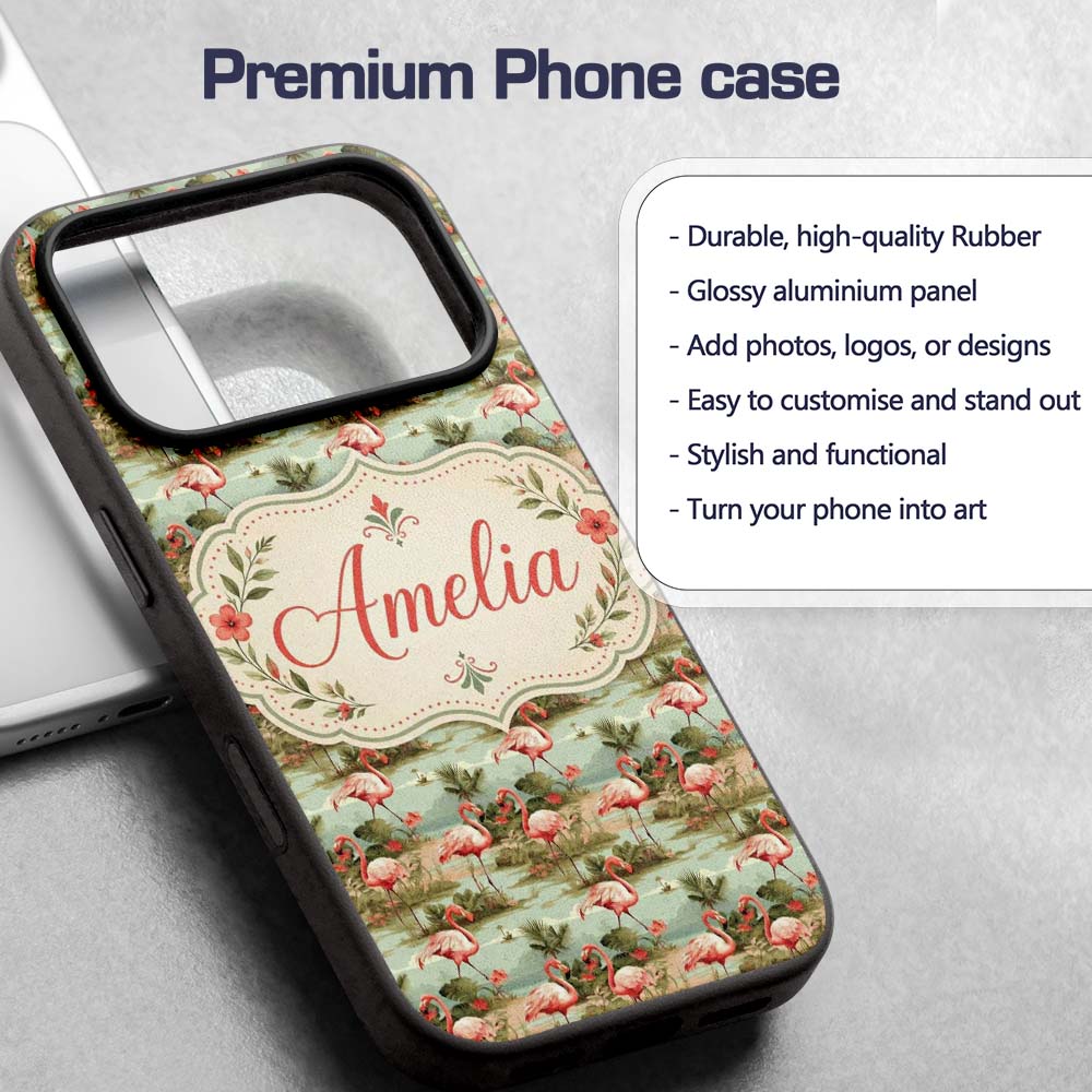 Tropical Flamingo Birds with Exotic Plants Scene Custom Name Protective Phone Case Mobile Cover Durable Everyday Smartphone Shock Resistant