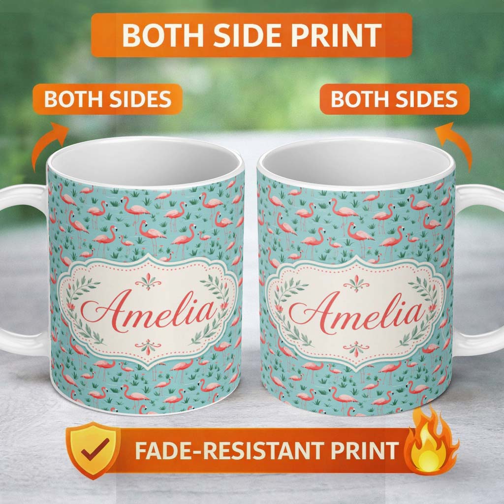 Personalized Custom Name Classic Flamingo Birds in Marshland Setting Seamless Pattern Name 11oz Ceramic Coffee Tea Mug White Large Handle