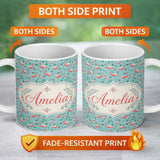 Personalized Custom Name Classic Flamingo Birds in Marshland Setting Seamless Pattern Name 11oz Ceramic Coffee Tea Mug White Large Handle