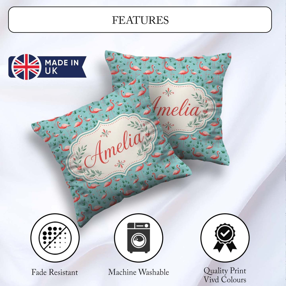 Custom Name Classic Flamingo Birds in Marshland Setting Seamless Square Filled Cushion Throw Pillow Sofa Bed Home Decor Zip Washable UK Made